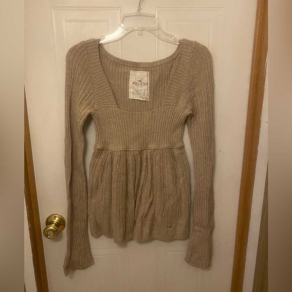 VTG Y2K Hollister Dark Tan Ribbed Knit Babydoll Sweater Rare - Picture 1 of 9